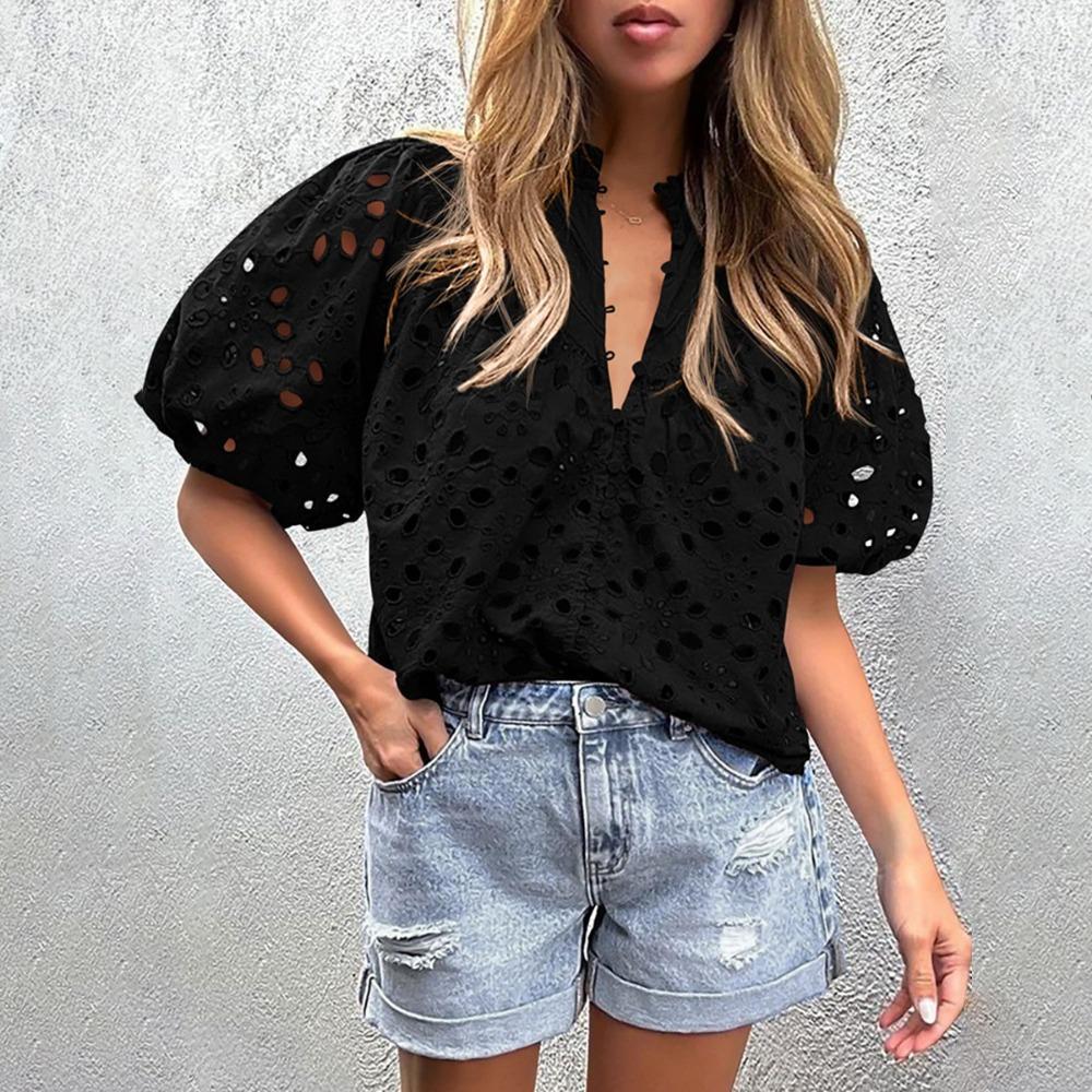 Spring and Summer Style Puff Sleeve Embroidered Shirt