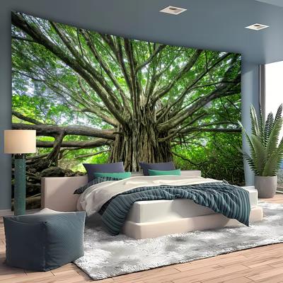 2D Ancient Tree Forest Tapestry, Life of Tree Green Nature Wall Hanging, Landscape Backdrop