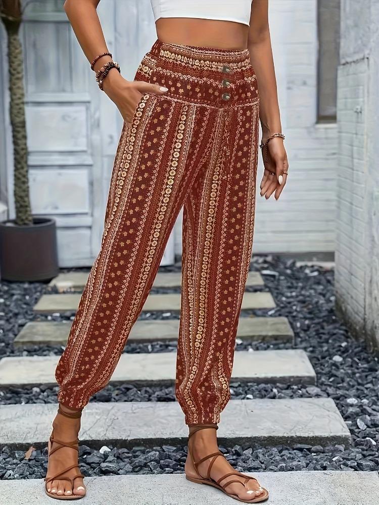 Frühling/Sommer Damen Böhmischer Ethno-Print Locker Schlankmachend Drapierte Elastische Taille Aufgeschlagene Lässige Hose