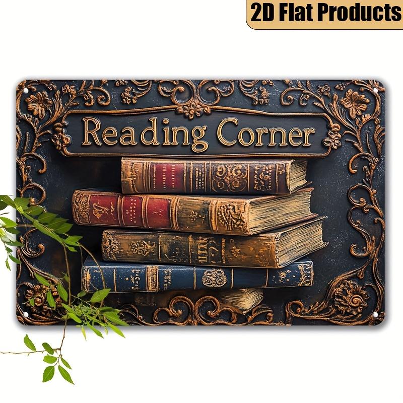 Vintage Leseecke Blechschild, 2D Retro Bibliotheksdekor Plakette, 19,99x30cm Wandkunst für Zuhause Garage