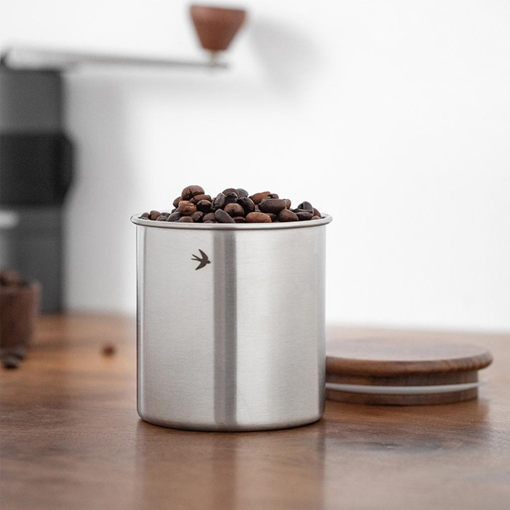 Luftdichter Edelstahl-Kaffeebehälter mit Holzdeckel, Kleines tragbares Kaffeebohnen-Aufbewahrungsglas für die Küche