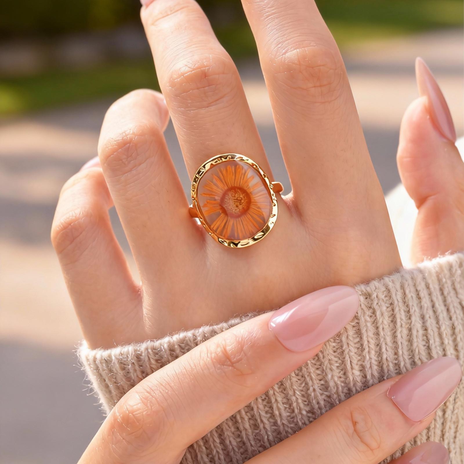 

Stainless Steel Rings for Women Unique Flower Resin Jewelry, Dainty Geometric Open Stackable Rings Vintage Waterproof
