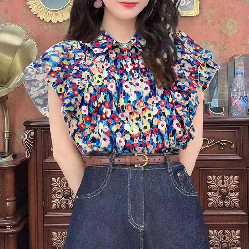 

ZANZEA Women Classic Collar Summer Short Sleeve Floral Print Blouse 5XL синій