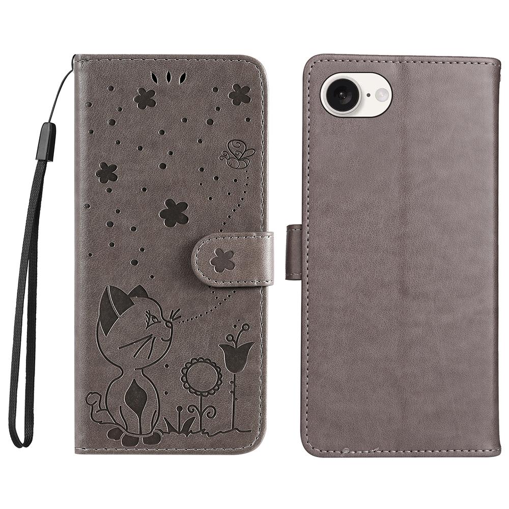 

For iPhone 16e Leather Case Cat Bee Pattern Phone Cover Wallet Stand with Strap Grey