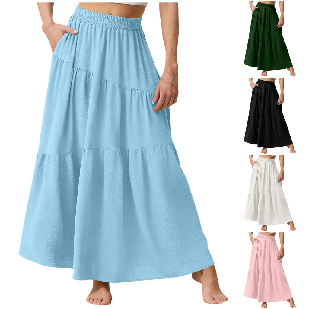 Women Casual Summer Loose Maxi Skirt Elastic Waist Lightweight Flowy Tiered Design Comfortable Daily Wear