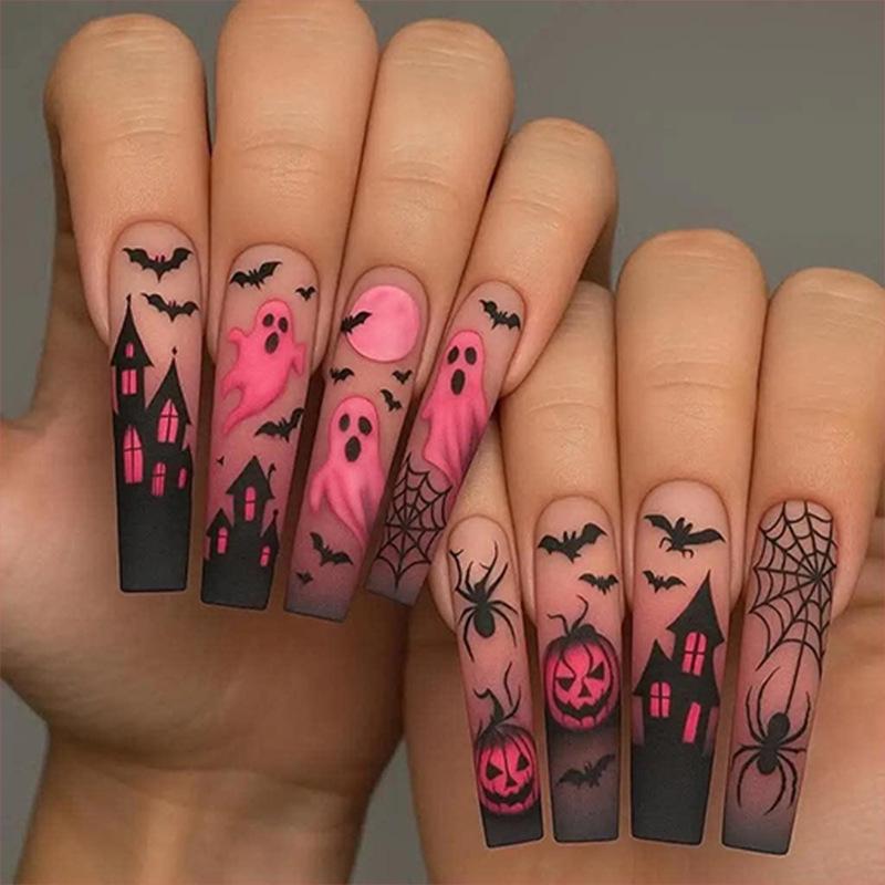 Cross-border European and American Halloween nail plates, pumpkin ghost Halloween wearable nails, long bat spider web fake nails