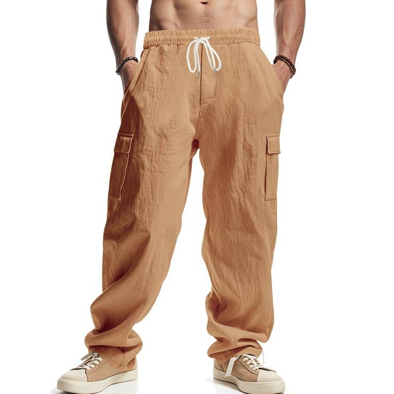 

Men s Baggy Pants Linen Thin Breathable Multi-pocket Cargo Pants Loose Casual Wide Leg Straight Pants Spring Summer 3XL жовтий