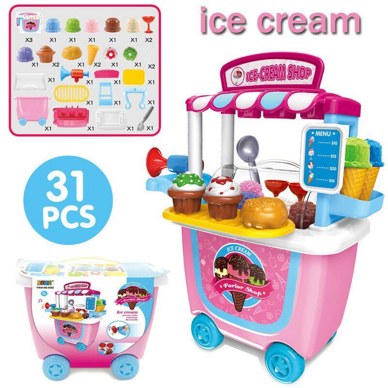 Cute Simulation Kids Ice Cream Shop Kitchen Cart Pretend Toy Set Role Play Gift