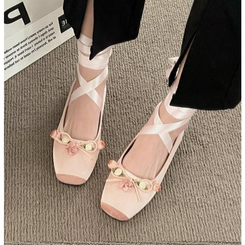New Women's Flat Footwear Pink Ballet Women Single Shoes Fashion Lace Up Girl Mary Jane Shoes Sweet Flowers Ladies Loafers