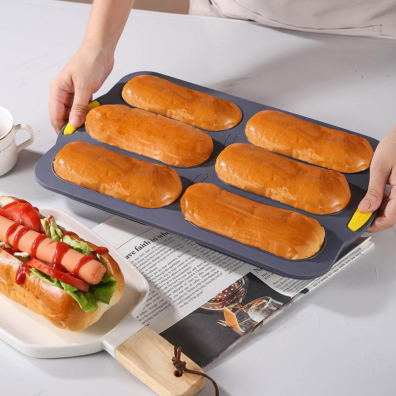 6-cavity Silicone Bread Loaf Pan, Nonstick Sourdough Loaf Pan & Heat Resistant Baguette Bread Pan,Molds for Baking Hoagie Rolls