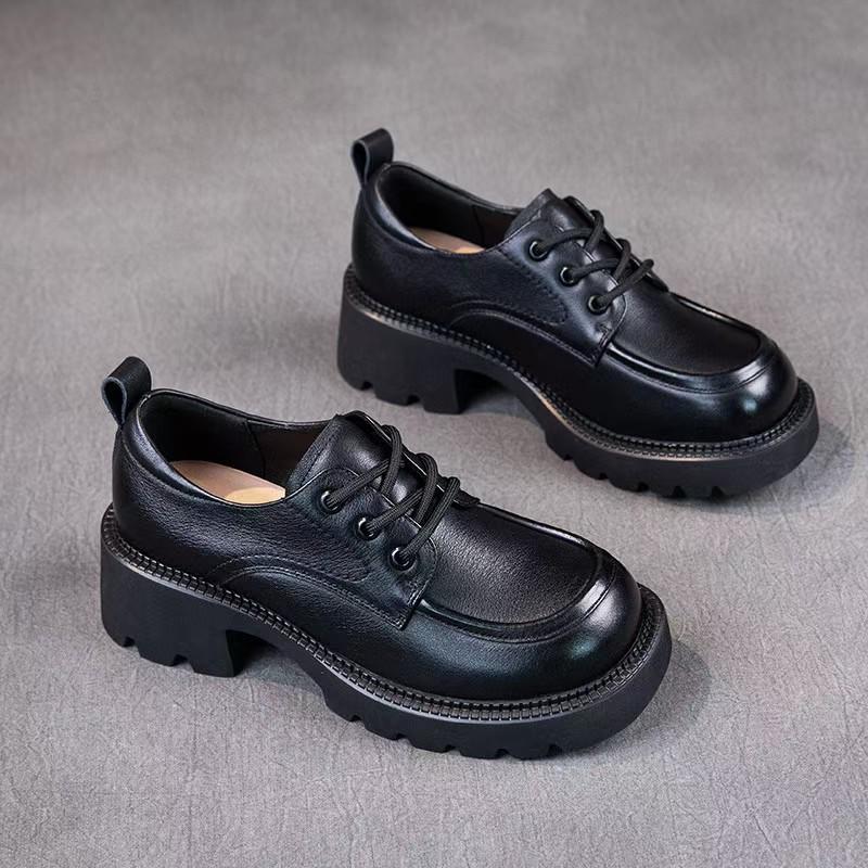 New first-layer cowhide small leather shoes women's thick heel retro lace-up casual shoes medium heel four-season single shoes