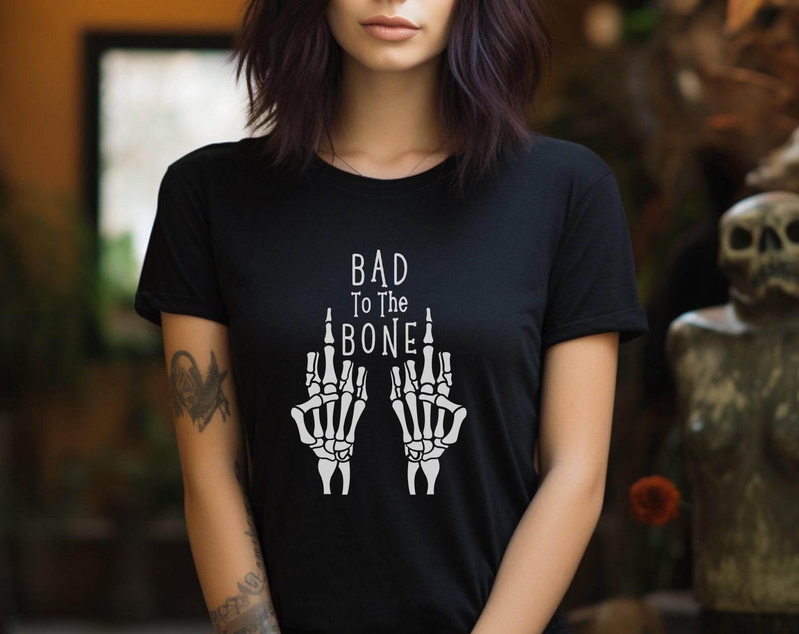 Bad to the Bone Halloween T-Shirt: Funny Skeleton Fingers Design S
