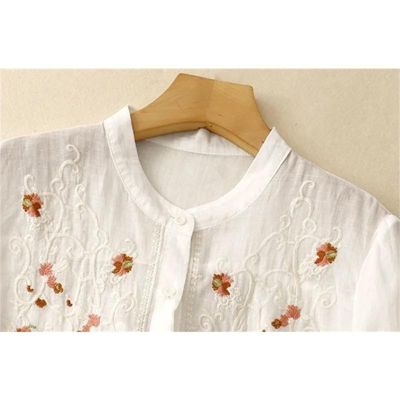 Literary Floral Embroidery Women O Neck Linen Long Shirts Loose Summer Blouses Sum Protection Casual