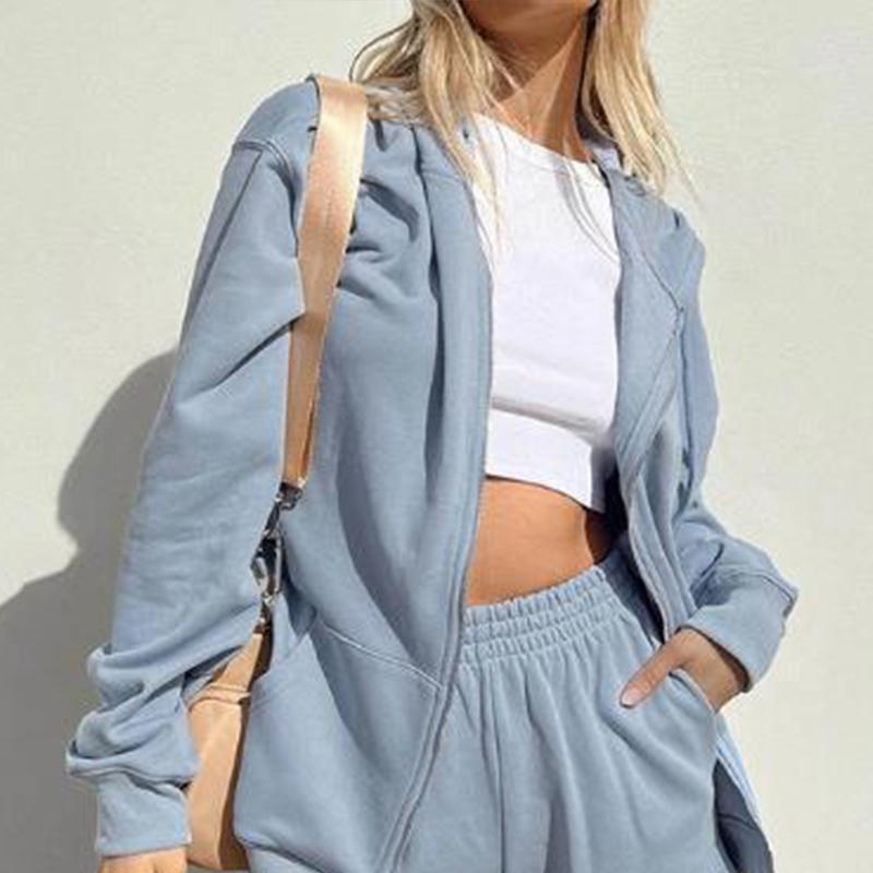 

Женский повседневный свободный спортивный костюм на молнии с капюшоном, пальто для бега, широкие брюки, осенне-зимний однотонный теплый спортивный костюм из двух предметов XL светло-синий