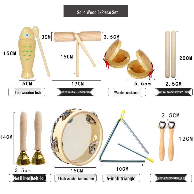 Children's Orff Percussion Instruments: Triangle, Castanets, Maracas, Tambourine, Wood Block, Cymbals