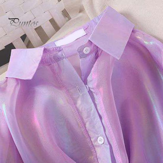 Women Sun Protection Shirt Lapel 3/4 Sleeve Rainbow Bright Color Shirt Single Breasted Bow Tie Style Top Thin Chiffon Shirt