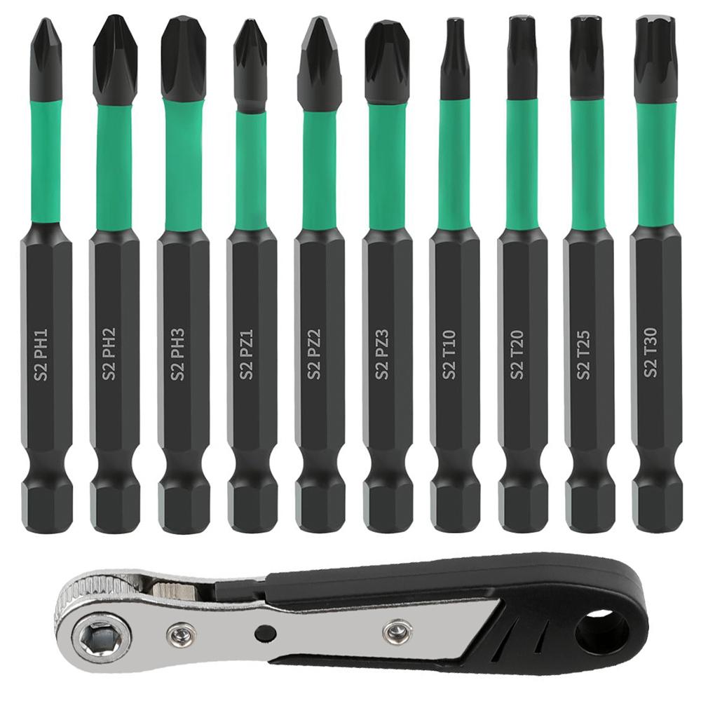 

11Pcs/Set Magnetic Hex Shank Electric Drill Bits S2 Alloy Steel Phillips Pozidriv Torx Bits with Ratchet Wrench Type A