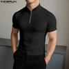 INCERUN Men Mockneck Short Sleeve Zip-up Rib Casual Fitted T-shirts Tops