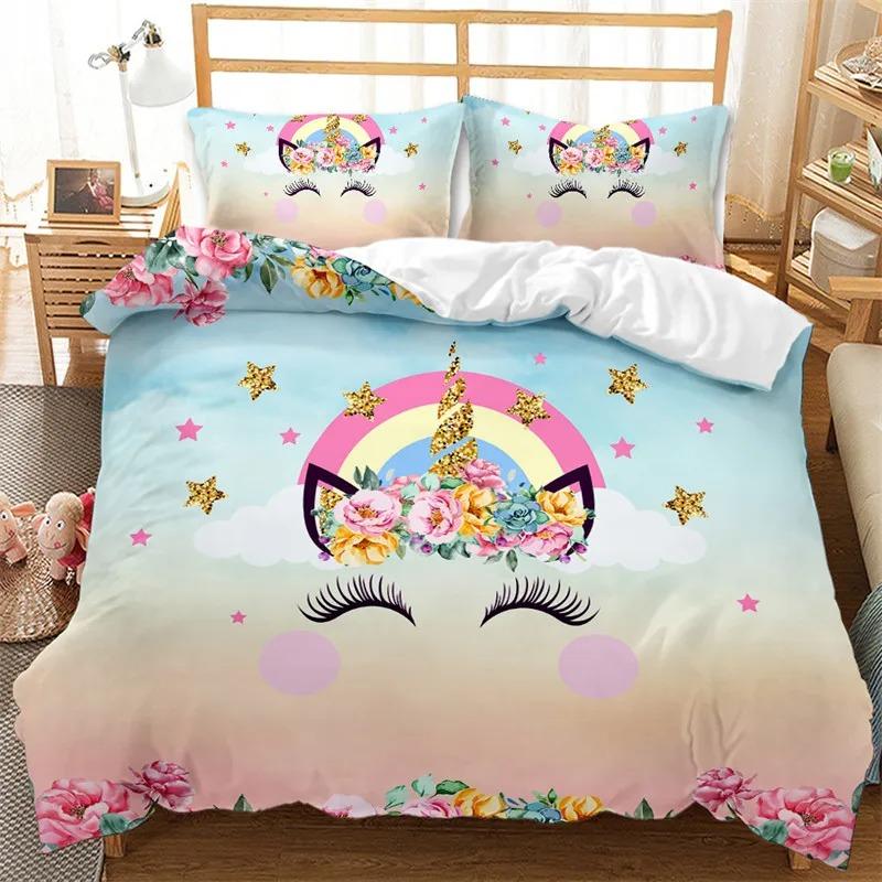 Colorful Luminous Unicorn Print Bedding Set 3D Cartoon Animal Pattern Duvet Cover Bedroom Decor With Pillowcases For Girls Gift