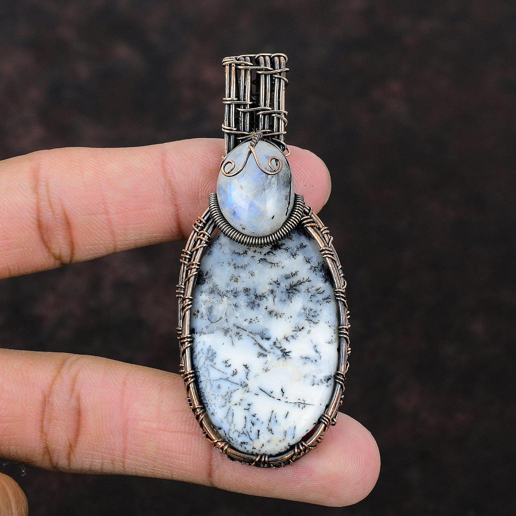 Dendrite Opal Pendant Copper Wire Wrapped Pendant Rainbow Moonstone Gemstone Jewelry Healing Stone Pendant Handmade Copper Wire Wrap Jewelry