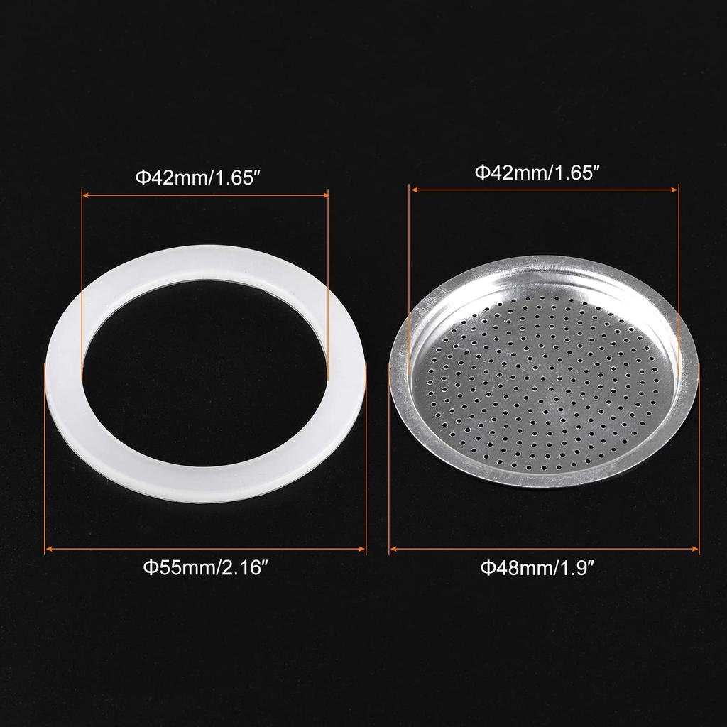 Uxcell Silicone Gasket for 2-Cup Moka Coffee Pot, 42x55mm (1 Piece) and Stainless Steel Filter Screens, 48x42mm (3 Pieces)