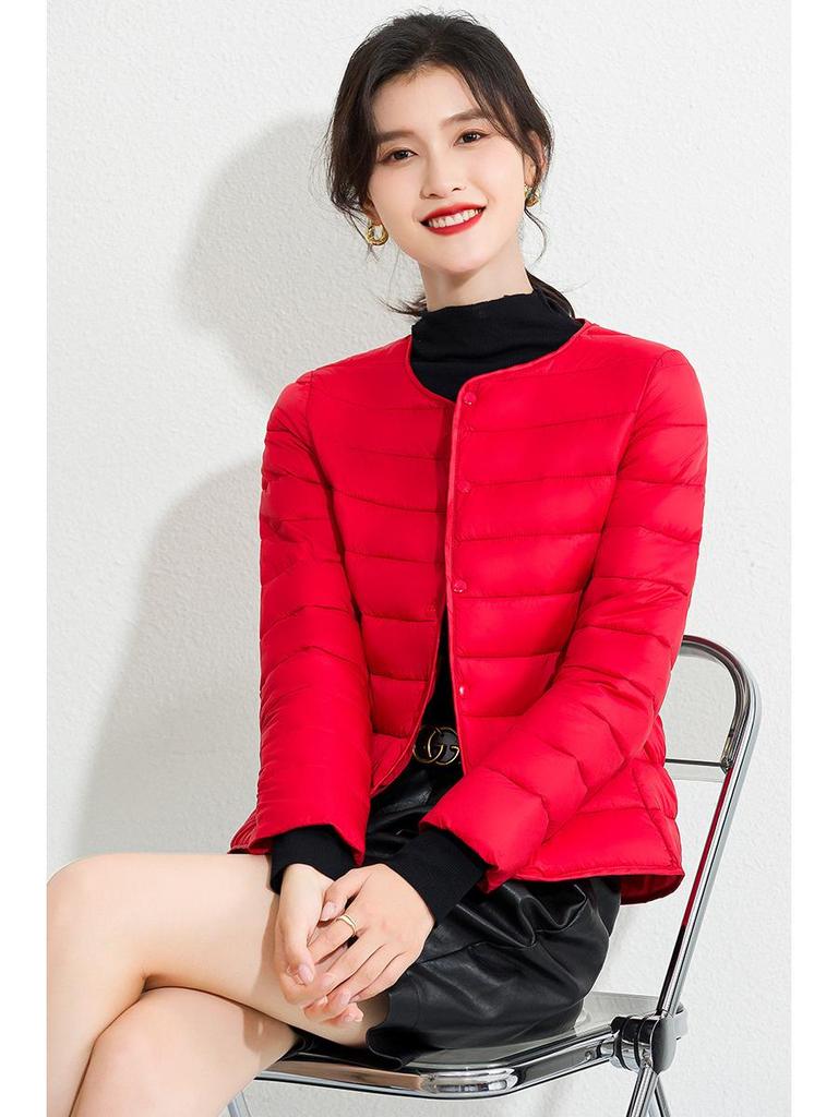 Women's Slim Fit Lightweight Crew Neck Down Jacket - Korean Style Warm Cotton-Padded Coat