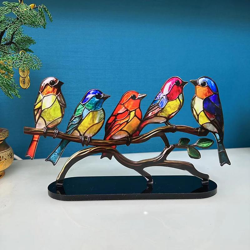 Stained Birds On Branch Desktop Ornaments Double Sided Colorful Birds Series Animals Shape Iron Art Craft Home Decoration