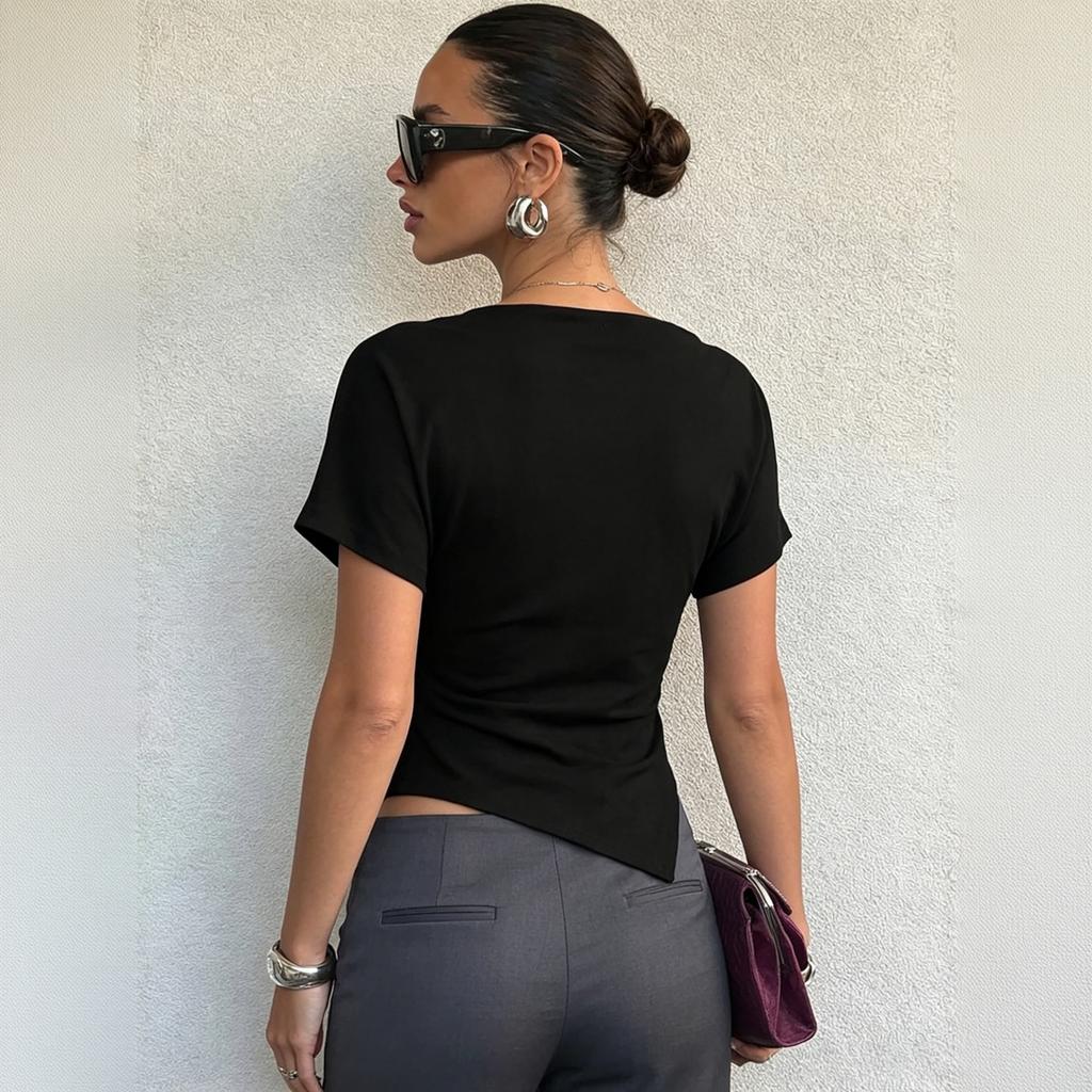 Damen Slim Fit Raffung Kurzarm T-Shirt Top Asymmetrischer Saum Dehnbar Lässige Bluse für den täglichen Gebrauch