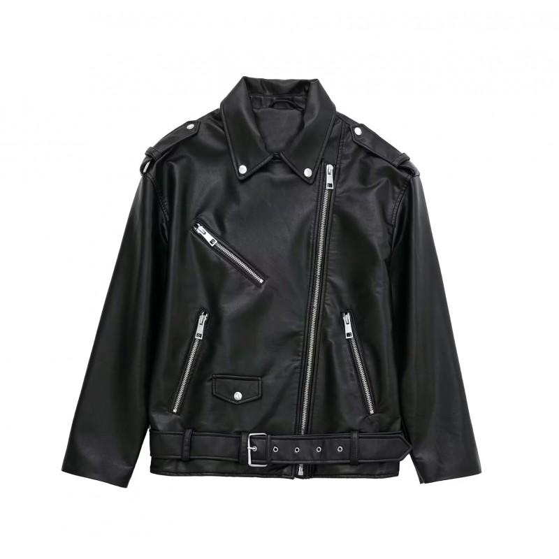 Womens Faux Leather Jacket Lapel Loose Fit Casual Style Black Outerwear