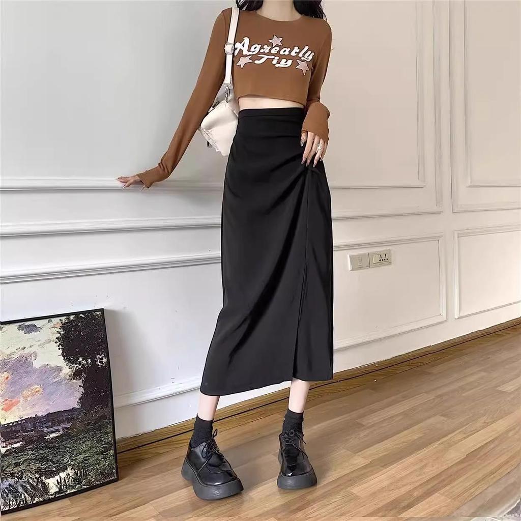 High Waist Slimming A-Line Midi Skirt with Slit - Korean Style Bodycon In Black