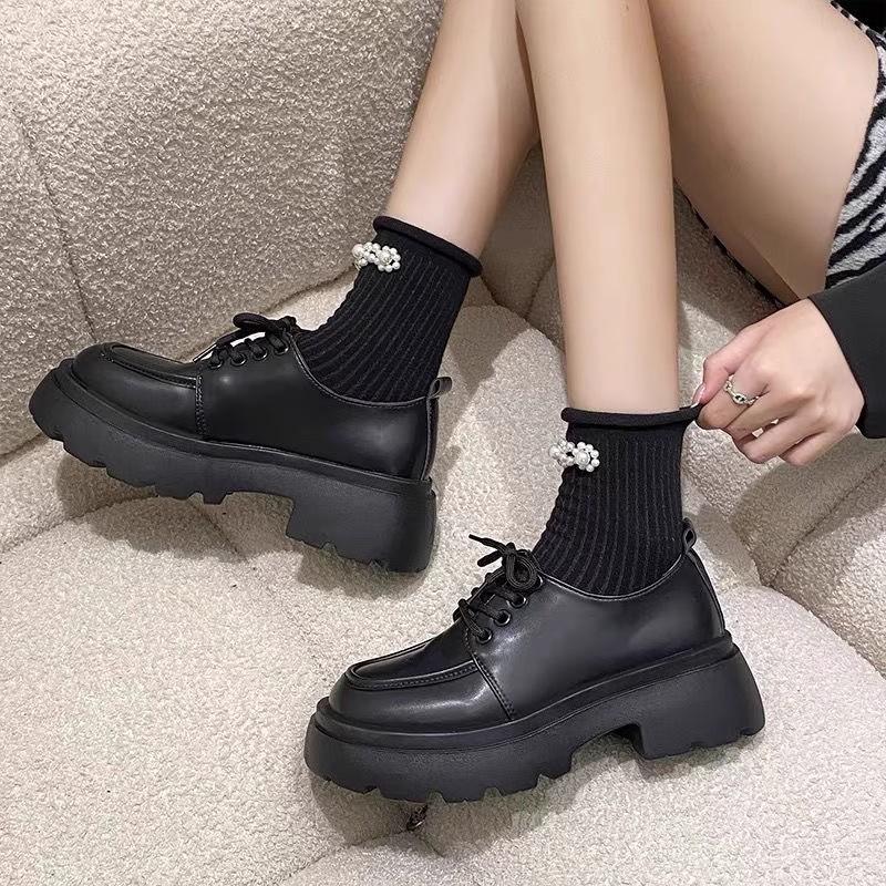 

Thick heel thick sole black lace-up retro small leather shoes women s single shoes spring and autumn new models 40