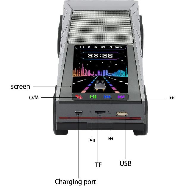 Przenośny głośnik Bluetooth w kształcie repliki pickupa, z ekranem wyświetlacza, dźwiękiem HD, parowaniem TWS, radiem FM, wbudowanym mikrofonem do rozmów w trybie głośnomówiącym, LED