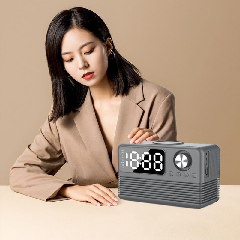 15W Wireless Charging Bluetooth-compatible Speaker with LED Mirror Clock Double Alarms Not Theft Designs Suitable for Home Office