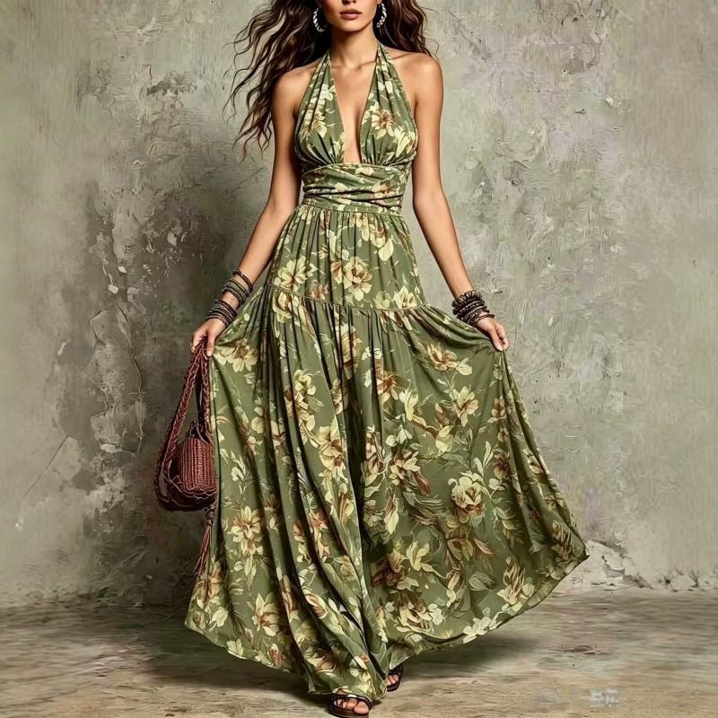 2026 Fashion Halter V-Neck Floral Print Backless Long Dress Women