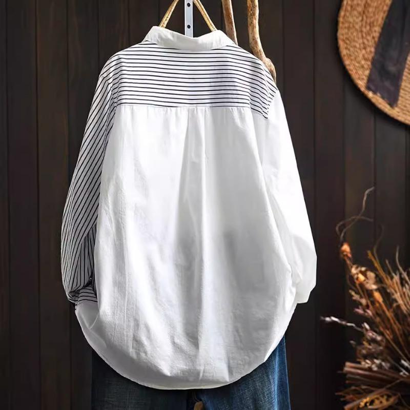 Striped Patchwork Cotton Long Sleeved Shirt for Women Loose Slimming Handmade Rabbit Pocket Single Breasted Shirt Blouses & Shirts
