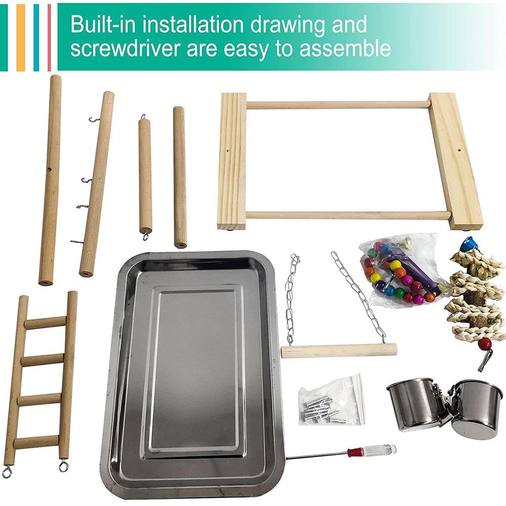 Wood Bird Playground Parrot Playstand with Feeder Cups Ladder Versatile Exercise Swing Toys for