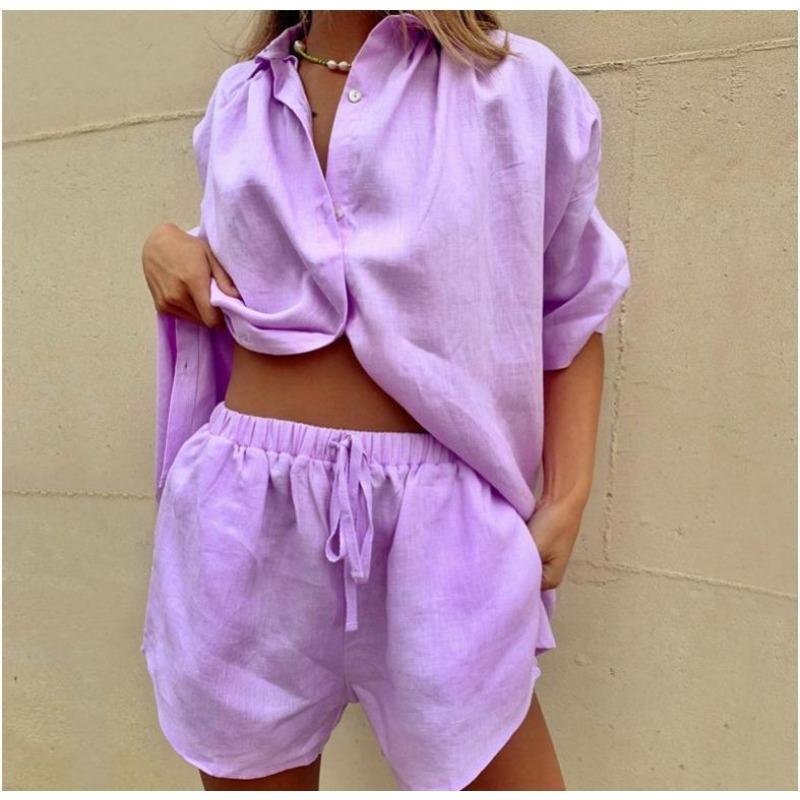 Damen Unifarbene Kurzarmhemd Shorts Lässiges Set