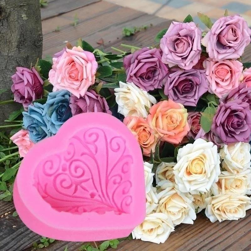 New Pink 3D Love Roses Heart-shaped Silicone Mold Fondant Cake Mold Baking Die LS
