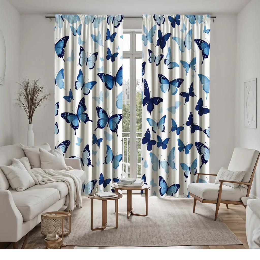2pc Artistic Blue Butterfly Print Curtains   Polyester Fabric   Machine Washable   Suitable for Bedroom and Living Room Decoration