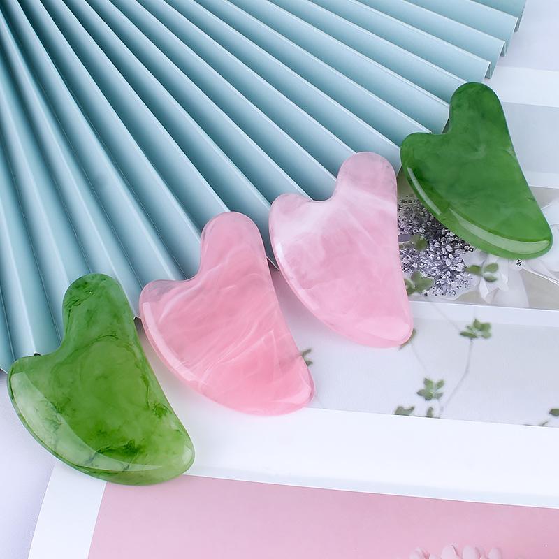 Rose Quartz Heart-Shaped Facial Massage Tool with Red Triangle Meridian Stick