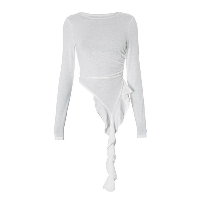 Damen Frühling und Sommer Neue Persönlichkeit Unregelmäßig Gestrickt Schlanke Damen T-Shirt Im Inneren Der Langen Ärmeln Bottoming Shirt