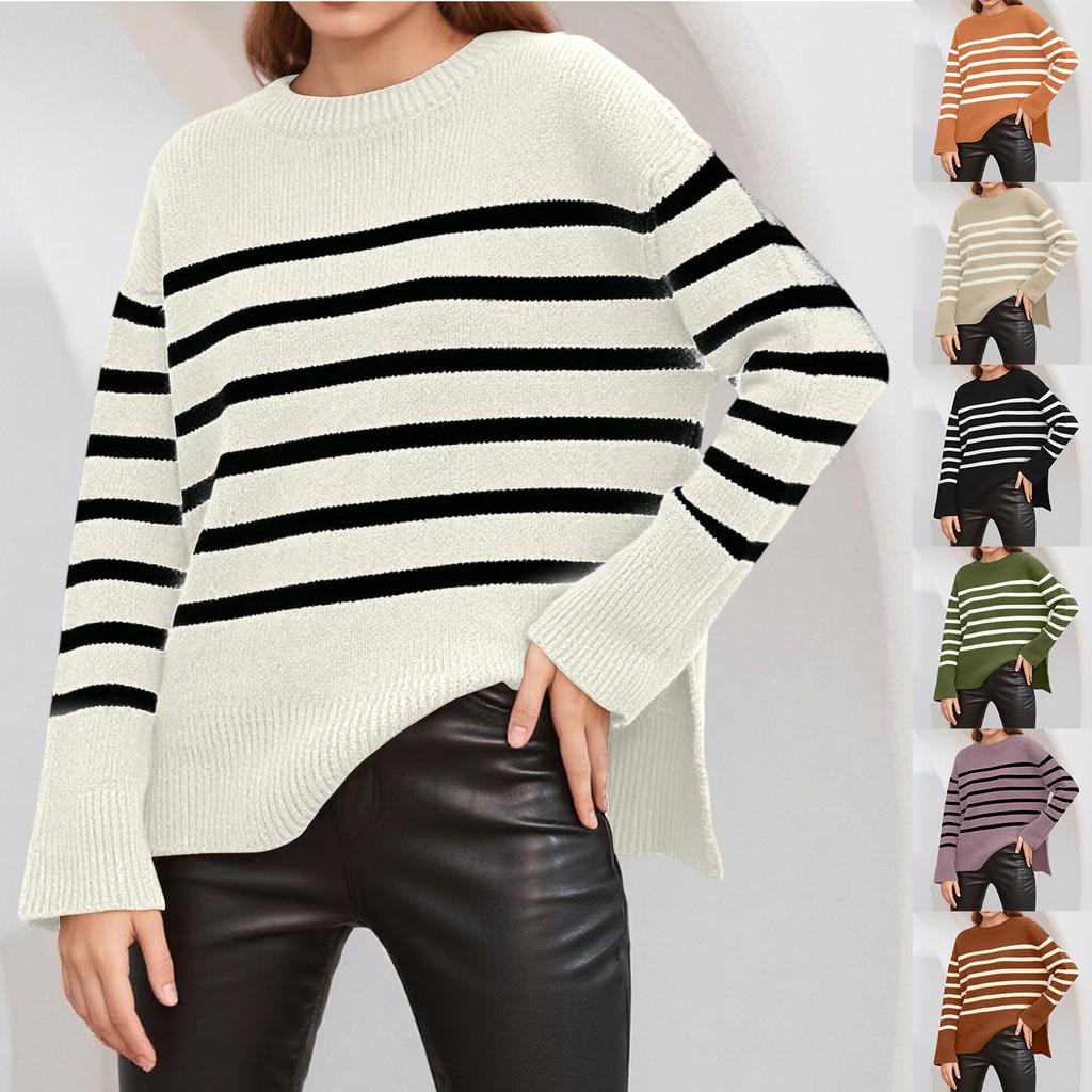 Women's Casual Striped Loose Round Neck Pullover Sweater