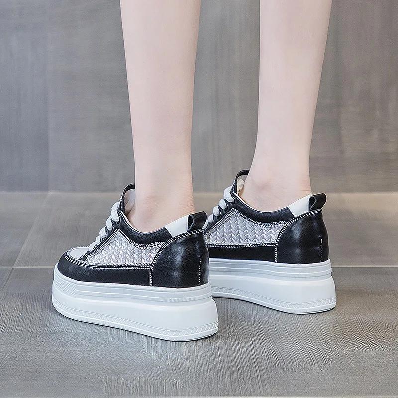 

Fashion 8cm Air Mesh Cow Genuine Leather Hidden Heels Women Platform Chunky Sneakers High Brand Shoes Vulcanize Summer Breathable 33 чёрный