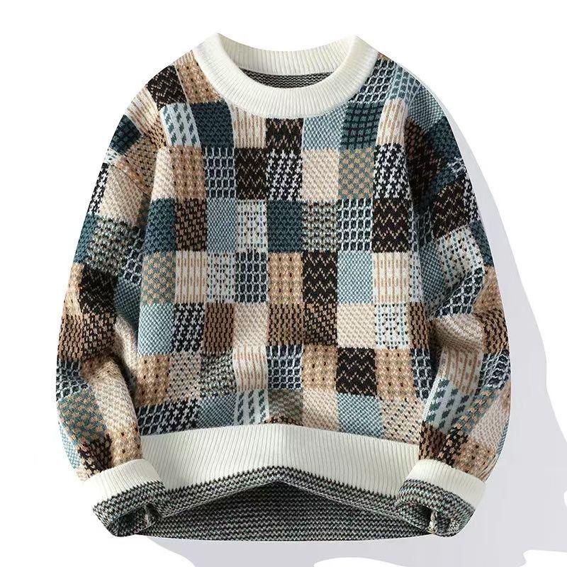 Men s Winter Plaid Knit Sweater - Trendy, Warm, Casual, Round Neck M (80-100 Jin)