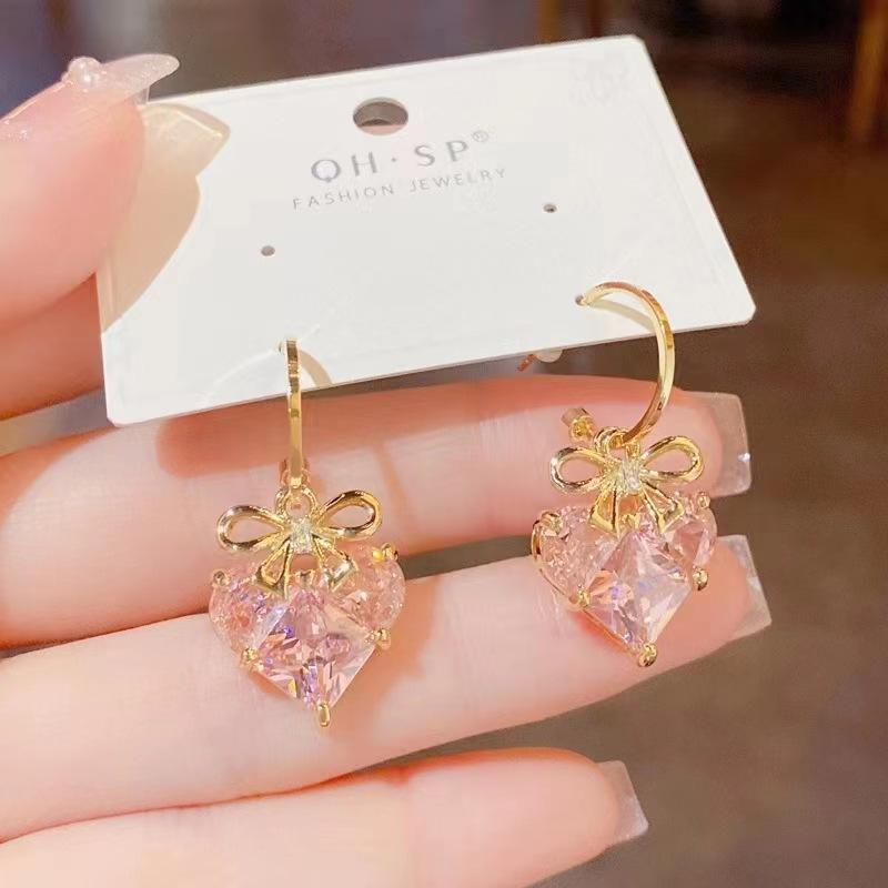 Unique Design Exquisite Pink Love Zircon Earrings for Women 2023 New Elegant Fashion Sweet Earring Trend Jewelry Party Gift