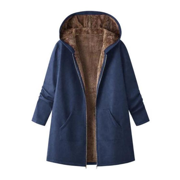 Warm Fleece Women Sherpa Hooded Jacket Casual Lined Coat Full Zip Up Thicken Long Pockets S темно-синий