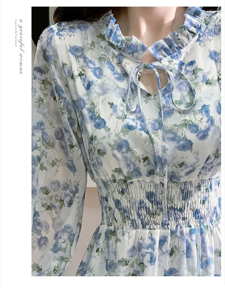 Korean Ruffle Rose Dress: Elegant Waist-Slimming Long Dress with French Sweet Ruffle Edges.