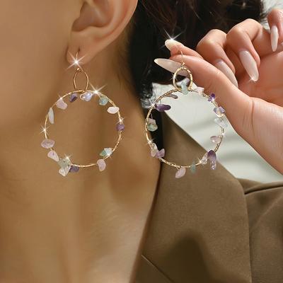 1pc Bohemian Charm Colorful Natural Stone Handcrafted Wire-Wrapped Hoop Earrings For Women Vintage Style Daily Wear&Dates,All-Season Fashion Accessory