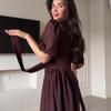 Brown Round Neck Puff Sleeve Midi Dress with Waist Tie