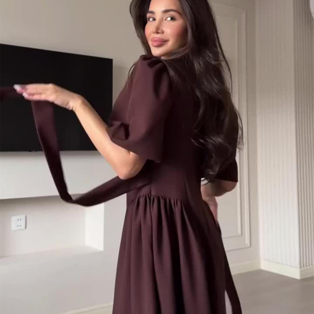 Brown Round Neck Puff Sleeve Midi Dress with Waist Tie